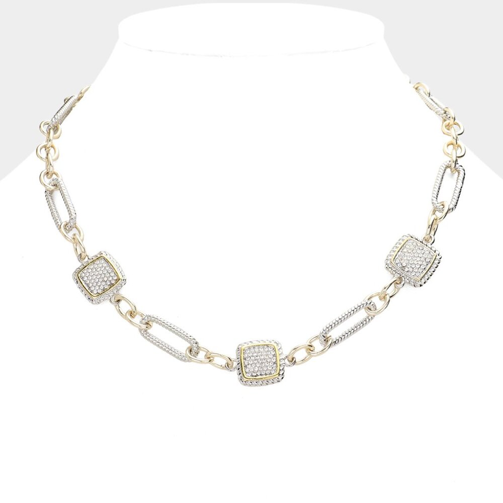 Rhinestone Embellished Triple Square Accented Link Toggle Necklace
